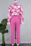 Pink Casual Print Bandage With Belt Long Sleeve Two Pieces