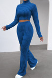 Deep Blue Casual Solid Patchwork Turtleneck Long Sleeve Two Pieces