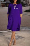 Light Blue Casual Print Letter O Neck A Line Dresses