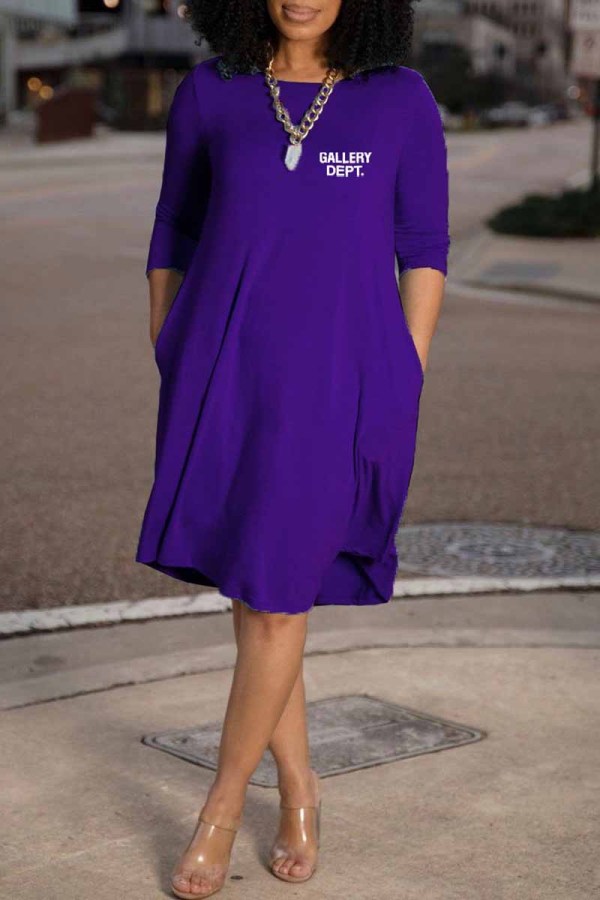 Purple Casual Print Letter O Neck A Line Dresses