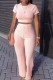 Pink Sweet Solid Patchwork O Neck Short Sleeve Two Pieces