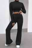 Deep Blue Casual Solid Patchwork Turtleneck Long Sleeve Two Pieces
