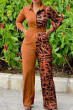 Tangerine Red Casual Print Patchwork Buckle Turndown Collar Regular Jumpsuits