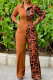 Tangerine Red Casual Print Patchwork Buckle Turndown Collar Regular Jumpsuits