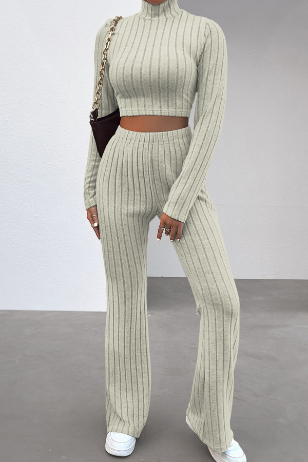 Champagne Casual Solid Patchwork Turtleneck Long Sleeve Two Pieces