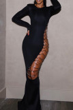 Black Sexy Solid Hollowed Out Patchwork O Neck Long Dress Dresses