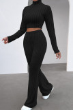 Deep Blue Casual Solid Patchwork Turtleneck Long Sleeve Two Pieces