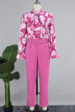 Rose Red Casual Print Bandage With Belt Long Sleeve Two Pieces