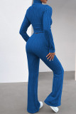 Deep Blue Casual Solid Patchwork Turtleneck Long Sleeve Two Pieces