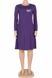 Light Blue Casual Print Letter O Neck A Line Dresses