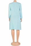 Light Blue Casual Print Letter O Neck A Line Dresses