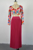 Rose Red Elegant Print Patchwork Pleated Asymmetrical Collar Long Sleeve Two Pieces