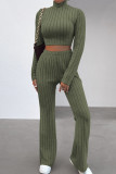 Deep Blue Casual Solid Patchwork Turtleneck Long Sleeve Two Pieces