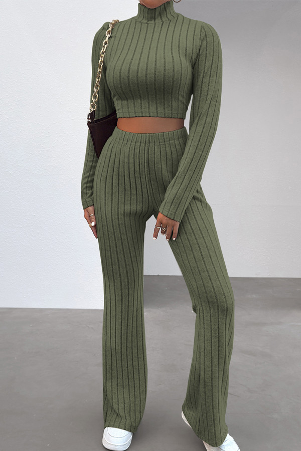 Army Green Casual Solid Patchwork Turtleneck Long Sleeve Two Pieces