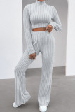 Deep Blue Casual Solid Patchwork Turtleneck Long Sleeve Two Pieces