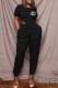 Black Casual Print Letter O Neck Short Sleeve Two Pieces