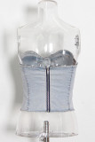 Light Blue Casual Solid Patchwork Strapless Sleeveless Two Pieces