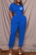 Blue Casual Print Letter O Neck Short Sleeve Two Pieces
