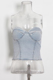 Light Blue Casual Solid Patchwork Strapless Sleeveless Two Pieces