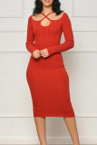 Red Elegant Solid Hollowed Out Patchwork Halter Sheath Dresses