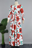 White Red Casual Print Patchwork O Neck Long Dress Dresses