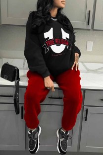 Black Red Casual Print Letter O Neck Long Sleeve Two Pieces