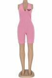 Pink Sexy Print Letter V Neck Rompers