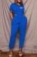Blue Casual Print Letter O Neck Short Sleeve Two Pieces