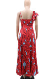 Red Elegant Print Patchwork Spaghetti Strap Printed Dress Dresses