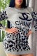 Grey Casual Letter Patchwork O Neck Wrapped Skirt Dresses