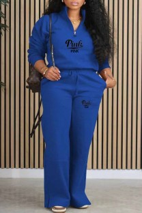 Blue Casual Print Letter Zipper Collar Long Sleeve Two Pieces