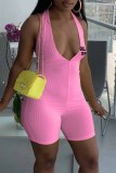 Pink Sexy Print Letter V Neck Rompers