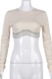 White Sexy Solid Tassel Patchwork O Neck Tops