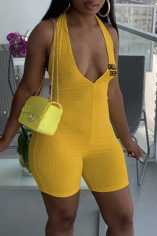 Yellow Sexy Print Letter V Neck Rompers