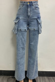 Sky Blue Street Solid Patchwork Pocket Buttons Zipper High Waist Straight Denim Jeans
