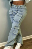 Light Blue Street Solid Patchwork Pocket Buttons Zipper Straight Low Waist Straight Solid Color Bottoms