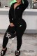 Black Casual Letter Patchwork Zipper Hooded Collar Long Sleeve Two Pieces