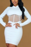 White Party Elegant Patchwork Hot Drilling Patchwork Mesh Hot Drill O Neck Long Sleeve Dresses