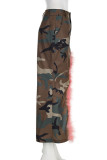 Camouflage Street Camouflage Print Patchwork Pocket Buttons Feathers Zipper Regular Mid Waist Full Print Bottoms