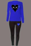 Blue Black Casual Print Patchwork O Neck Long Sleeve Two Pieces