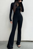 Black Street Solid Patchwork Zipper Hooded Collar Regular Jumpsuits