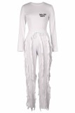 White Street Print Tassel Letter O Neck Long Sleeve Two Pieces
