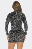 Red Sexy Daily Party Elegant Formal Sequins Patchwork Mesh Half A Turtleneck Dresses