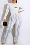 White Street Print Tassel Letter O Neck Long Sleeve Two Pieces