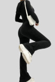 Black Street Solid Patchwork Zipper Hooded Collar Regular Jumpsuits