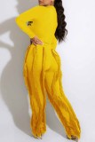 Yellow Street Print Tassel Letter O Neck Long Sleeve Two Pieces