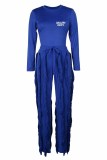 Blue Street Print Tassel Letter O Neck Long Sleeve Two Pieces