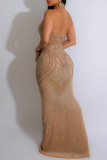 Apricot Elegant Hot Drilling Patchwork See-through Halter Long Dress Dresses