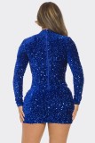 Blue Sexy Daily Party Elegant Formal Sequins Patchwork Mesh Half A Turtleneck Dresses