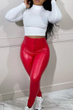 Red Elegant Solid Patchwork Zipper Skinny Mid Waist Pencil Solid Color Bottoms